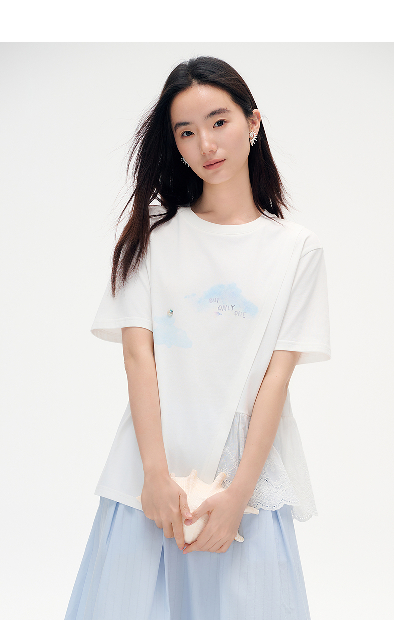 白Tシャツ レース裾切替え雲柄デザインシャツ
