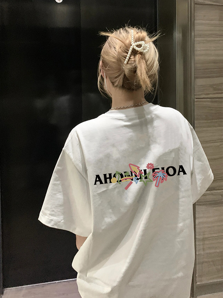 白Tシャツ レディース 南国花模様プリント半袖シャツ