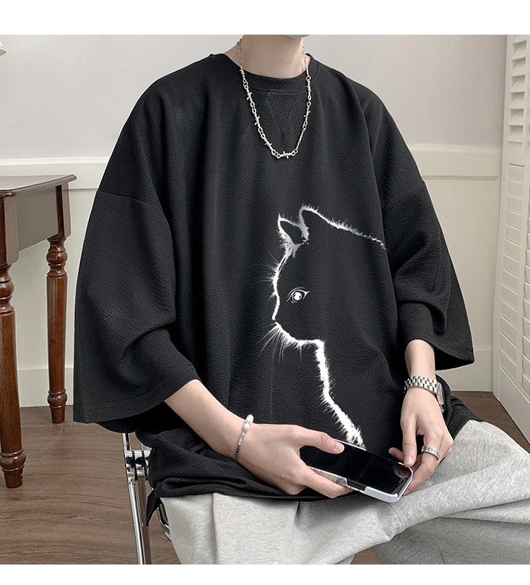 白Tシャツメンズ 猫イラスト刺繍ゆったり五分袖シャツ