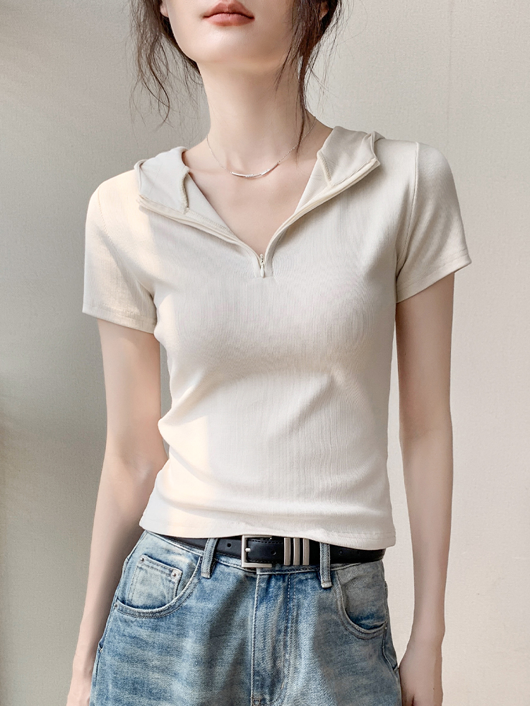 白Tシャツ フード付きリブジップネックトップス