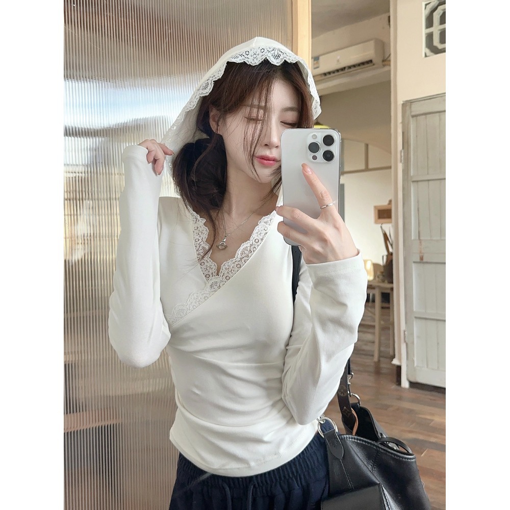 白Tシャツレディース レース襟付きフード長袖カットソー