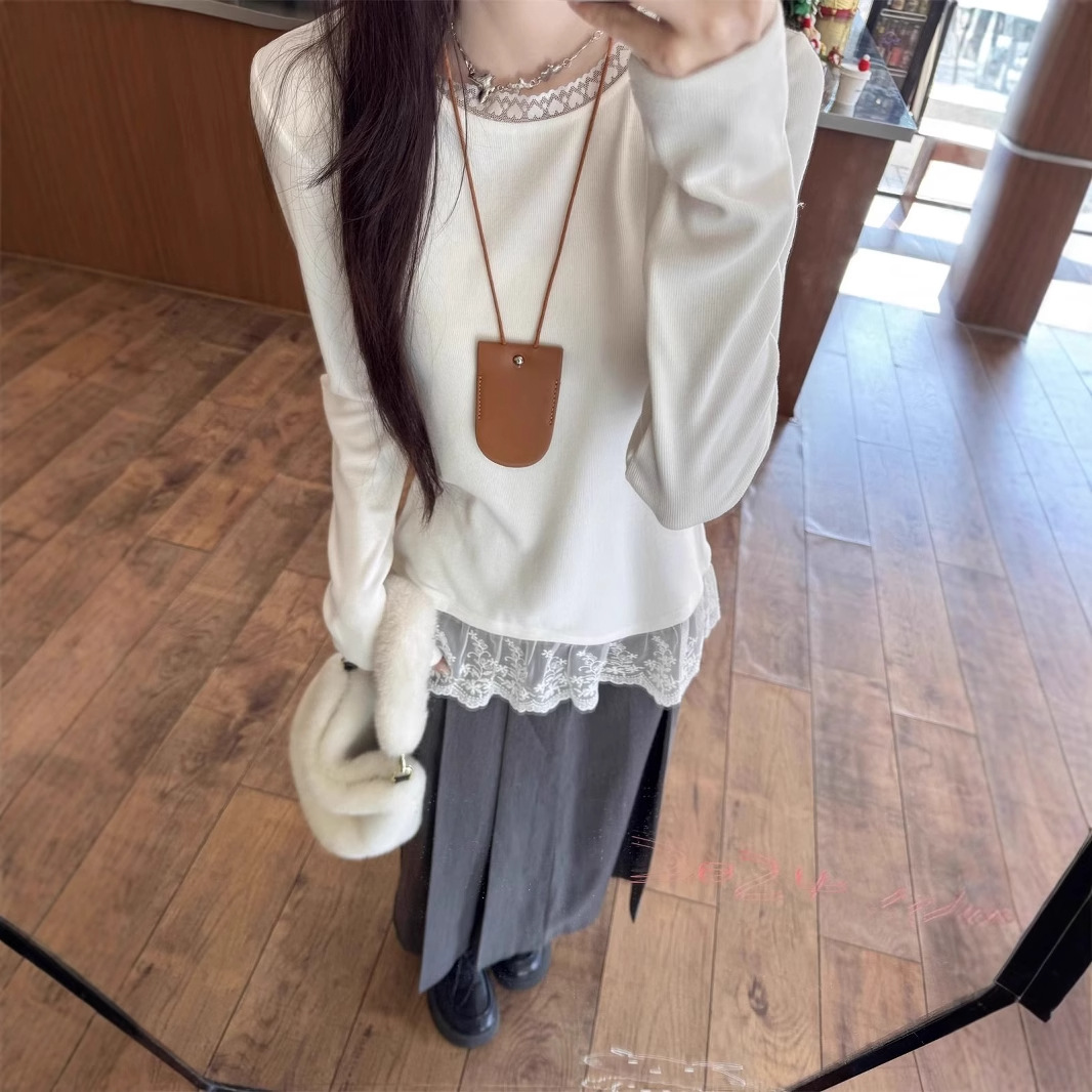 白Tシャツ レディース裾レース切替長袖カットソートップス