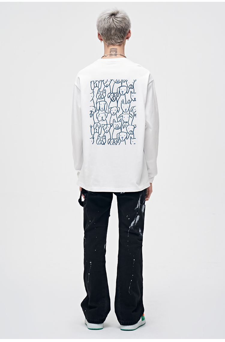 白Tシャツ メンズ わんこイラスト長袖ゆるシルエット