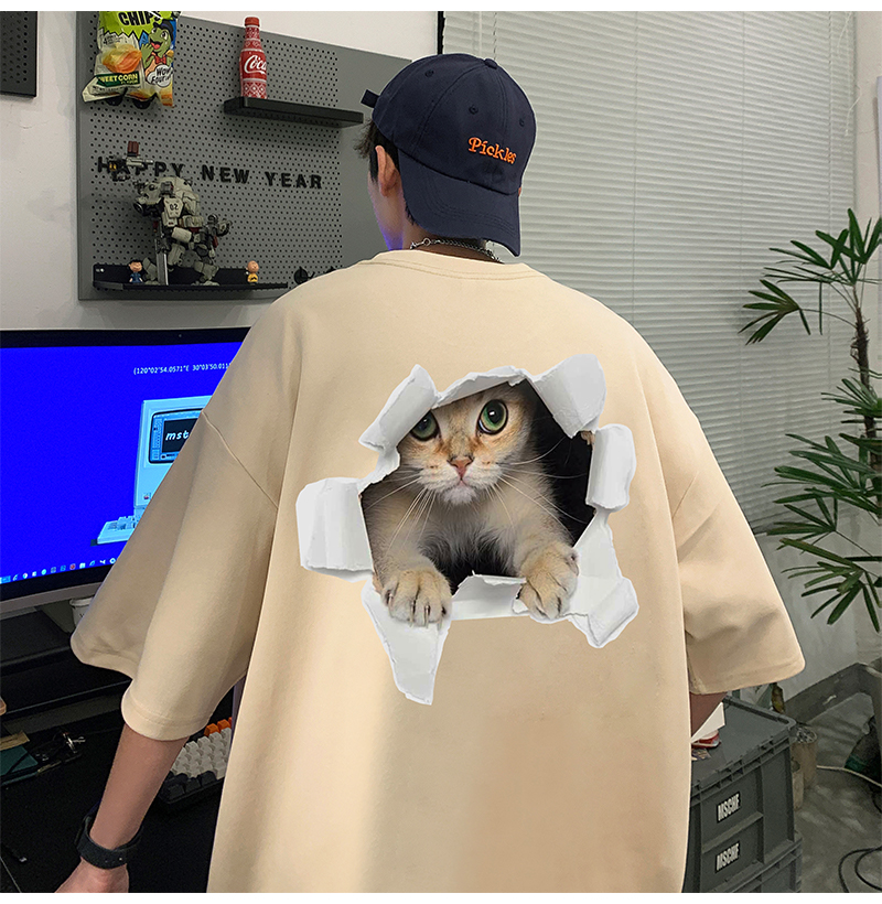 白Tシャツ メンズ 飛び出す猫 立体デザイン半袖