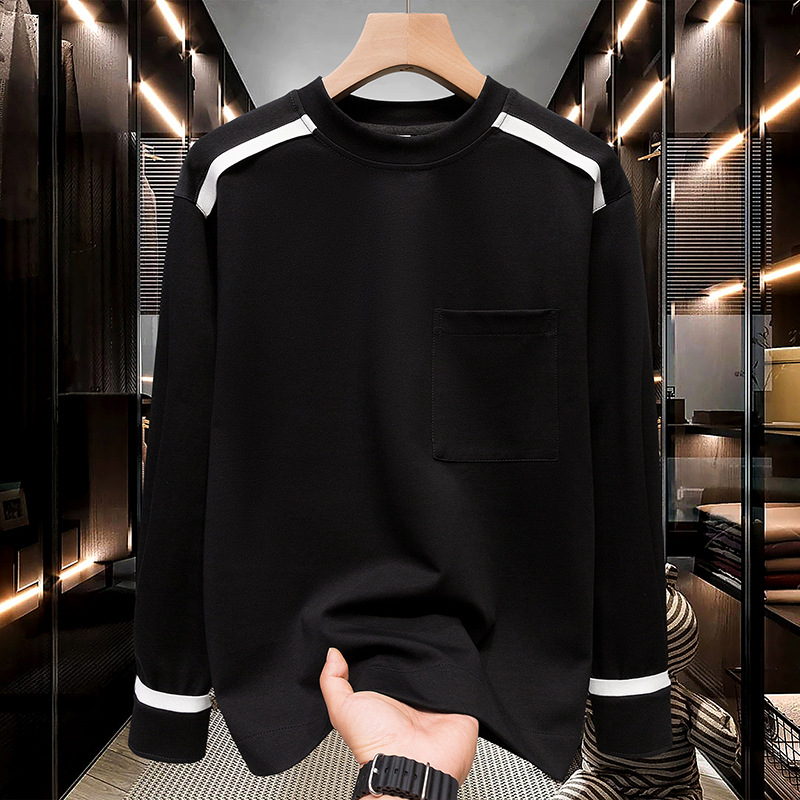 白Tシャツメンズ 肩袖ラインデザイン長袖胸ポケット付きカットソー