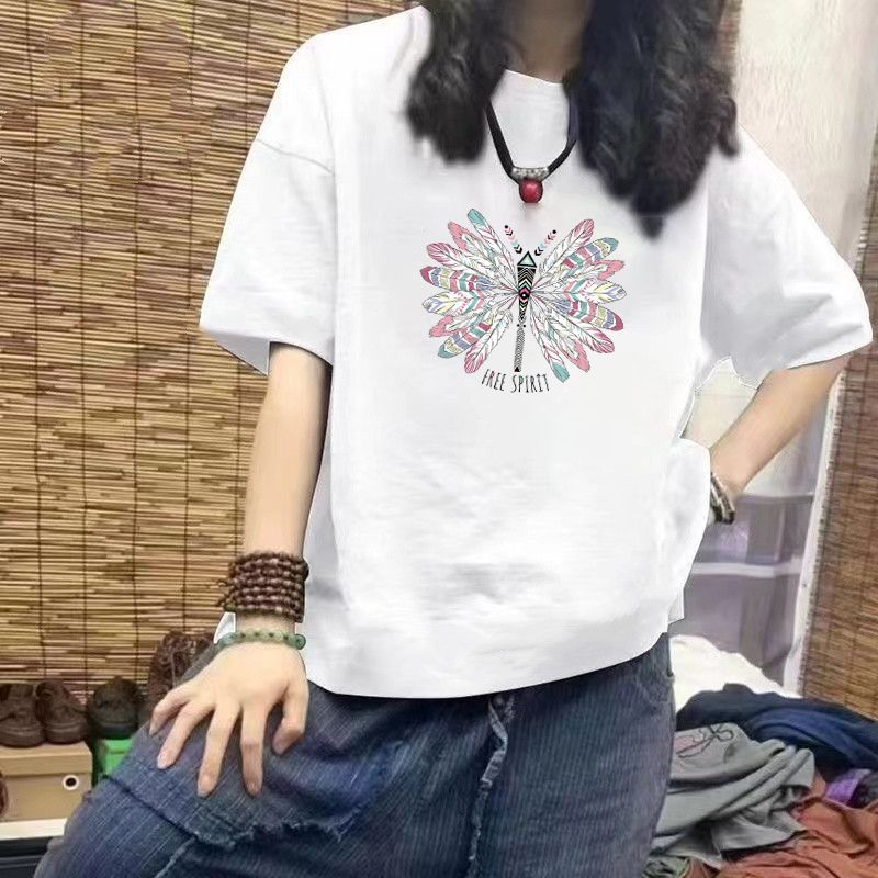 白Tシャツ レディース イラスト付き自由の羽根トンボ半袖