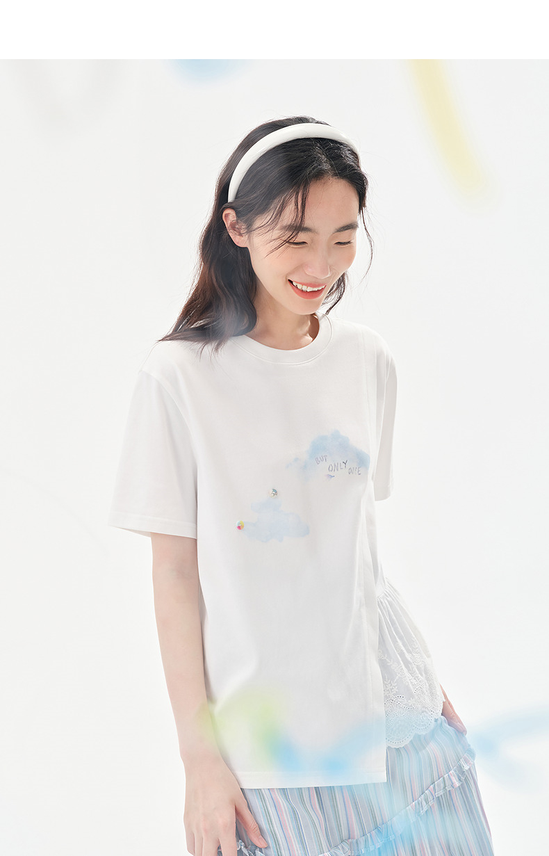 白Tシャツ レース裾切替え雲柄デザインシャツ