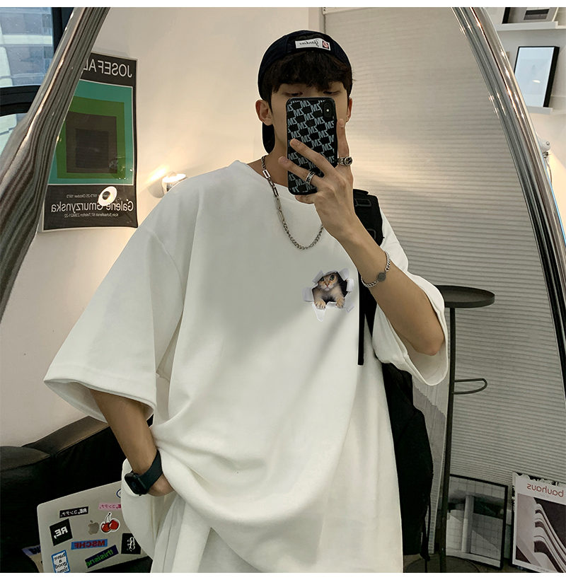 白Tシャツ メンズ 飛び出す猫 立体デザイン半袖