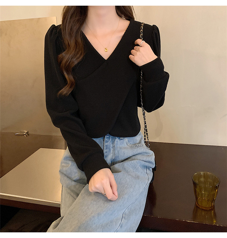 白Tシャツ ブイネック パフスリーブ 交差デザイン 長袖 白色トップス レディース