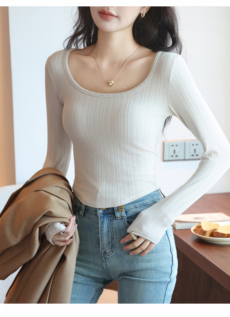 白Tシャツ レディース リブ編み長袖ラウンドネック