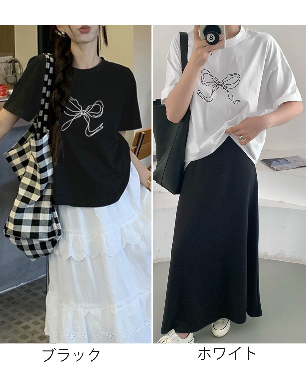 白Tシャツ リボンプリント半袖Tシャツ レディース 白T