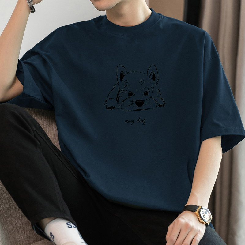 白Tシャツ メンズ 愛犬イラスト ゆったり半袖