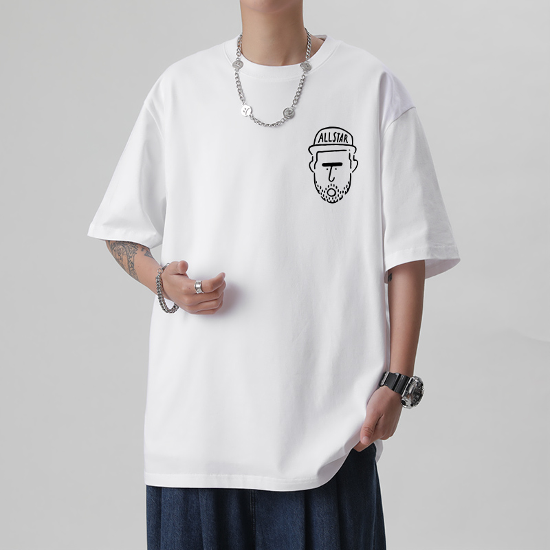 白Tシャツ メンズ イラスト顔プリント五分袖ゆったり半袖