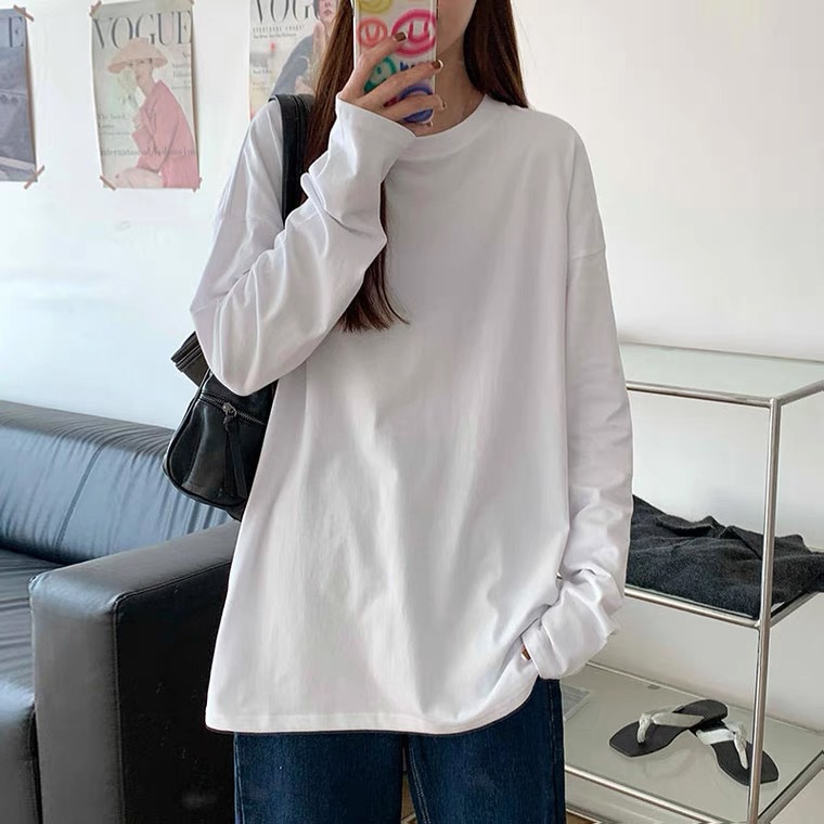白Tシャツ ゆったりシルエット長袖無地丸首カットソー