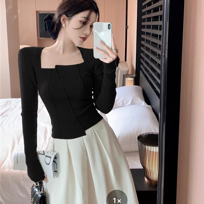 白Tシャツレディース スクエアネック長袖切替ステッチトップス