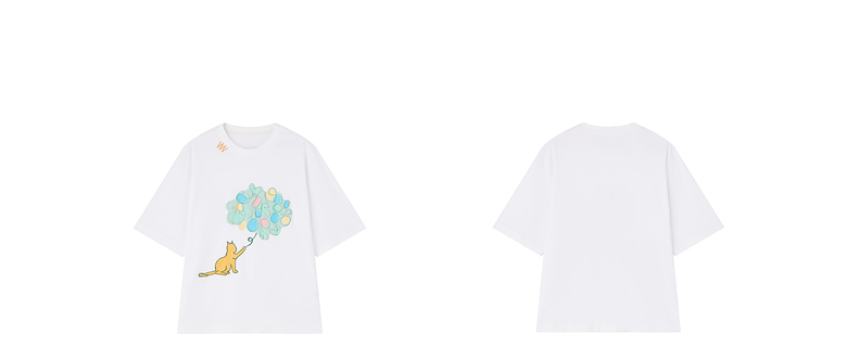 白Tシャツ ねこと風船 ゆったりシルエット