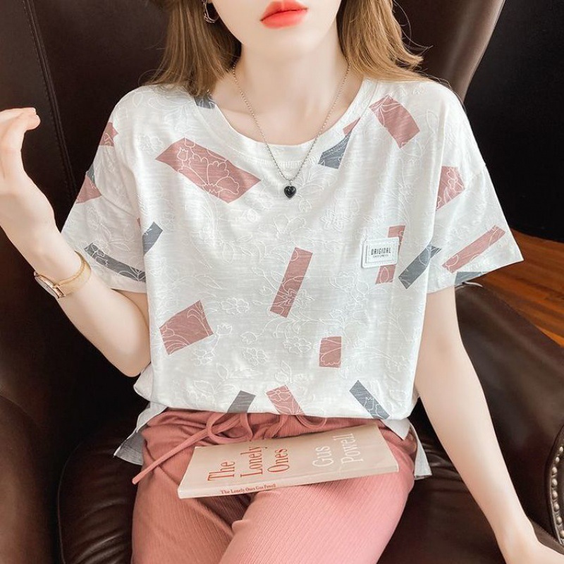 白Tシャツ レディース 幾何学模様の刺繍入り丸首半袖