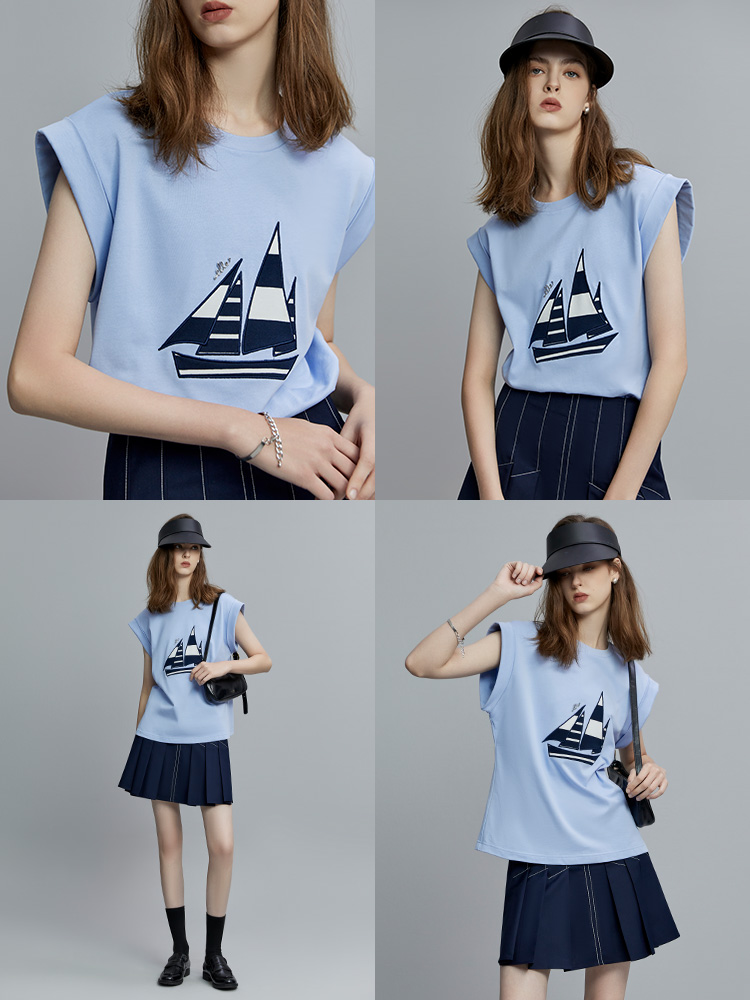 白Tシャツ ヨットプリント ノースリーブトップス