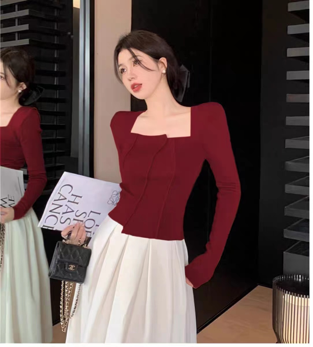 白Tシャツレディース スクエアネック長袖切替ステッチトップス