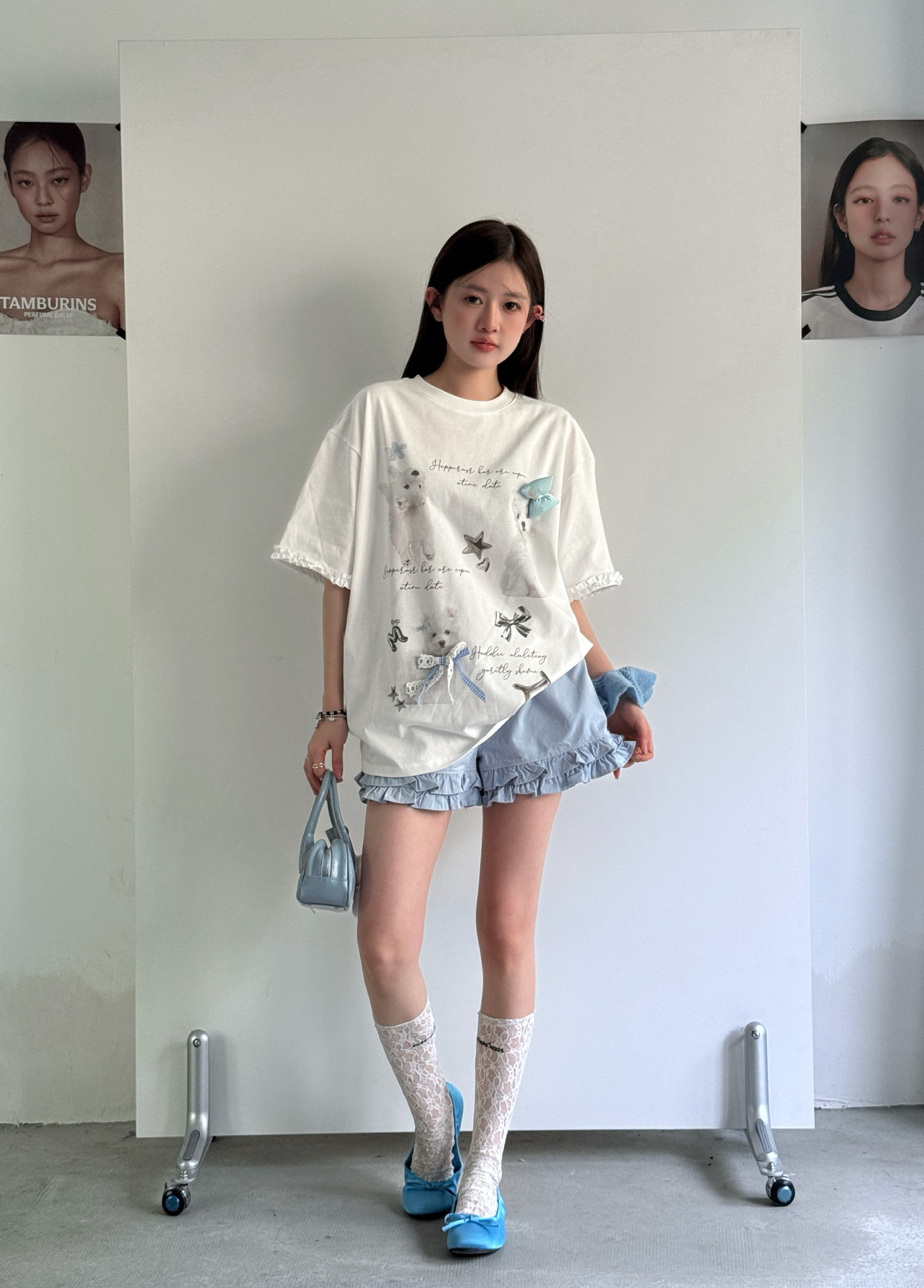 白Tシャツ レディース フリル袖子犬プリント半袖シャツ