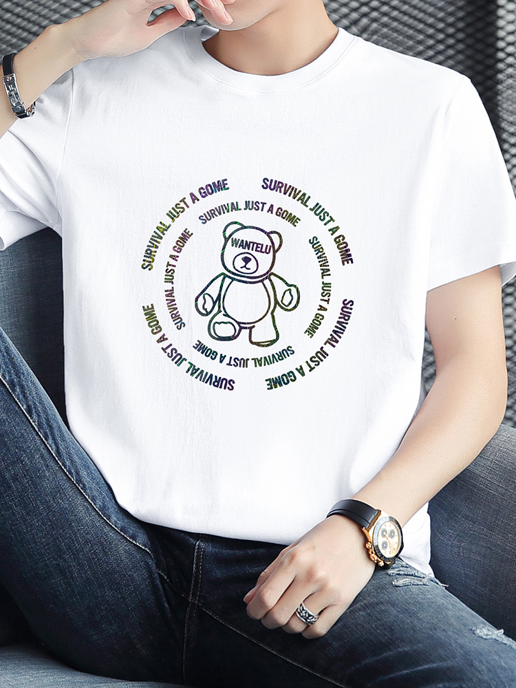 白Tシャツ メンズ くまさん円形刺繍カジュアル半袖