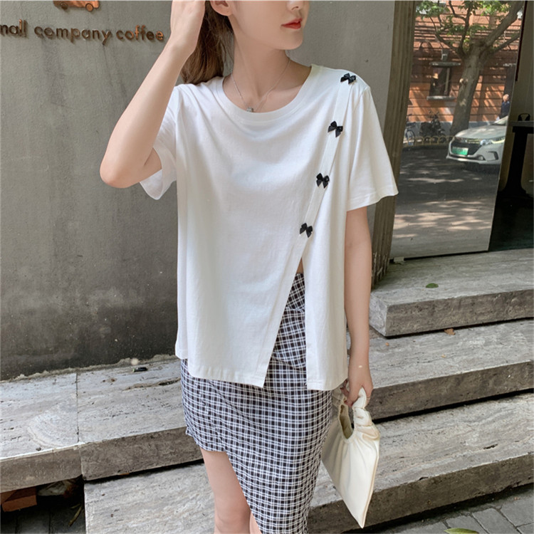 白Tシャツ 蝶結び装飾スリット入り半袖白色ティーシャツ