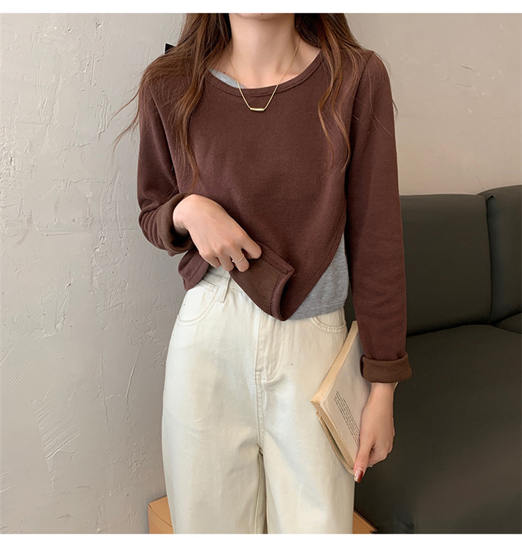 白Tシャツ 裏起毛重ね着風丸首長袖シャツ レディース