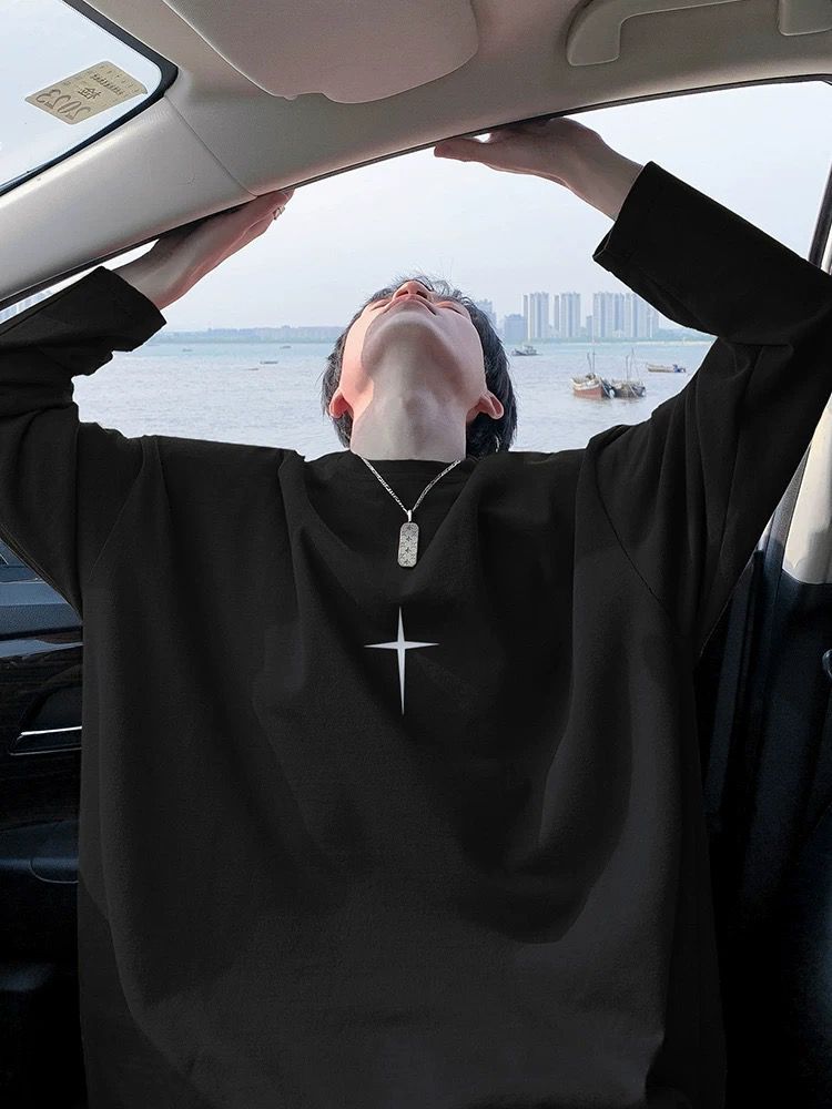 メンズ十字架プリント長袖白Tシャツゆったりシルエット