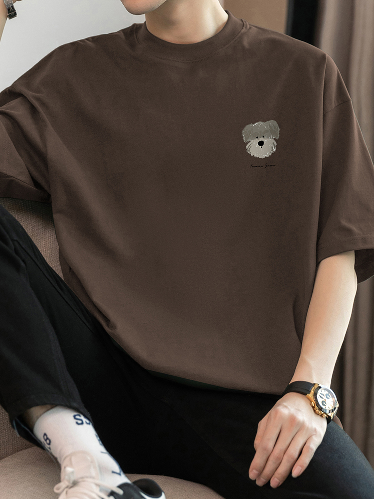 白Tシャツ メンズ 子犬刺繍入りゆったり半袖