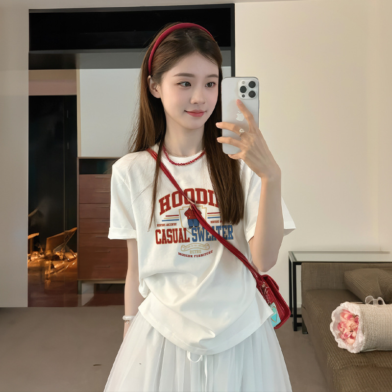 白Tシャツ プリント入り半袖カジュアルシャツ