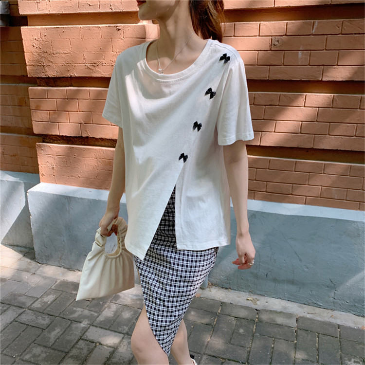 白Tシャツ 蝶結び装飾スリット入り半袖白色ティーシャツ