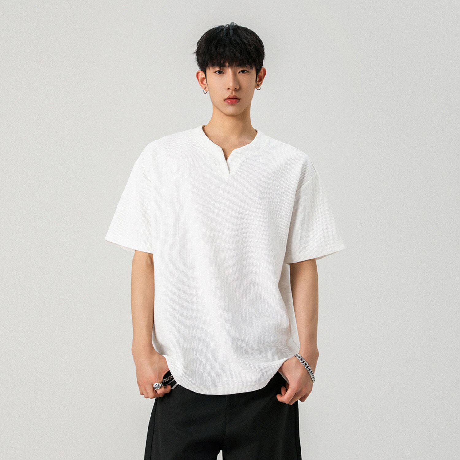 白Tシャツ 切り込み襟ワッフル地半袖ゆったり半袖上着