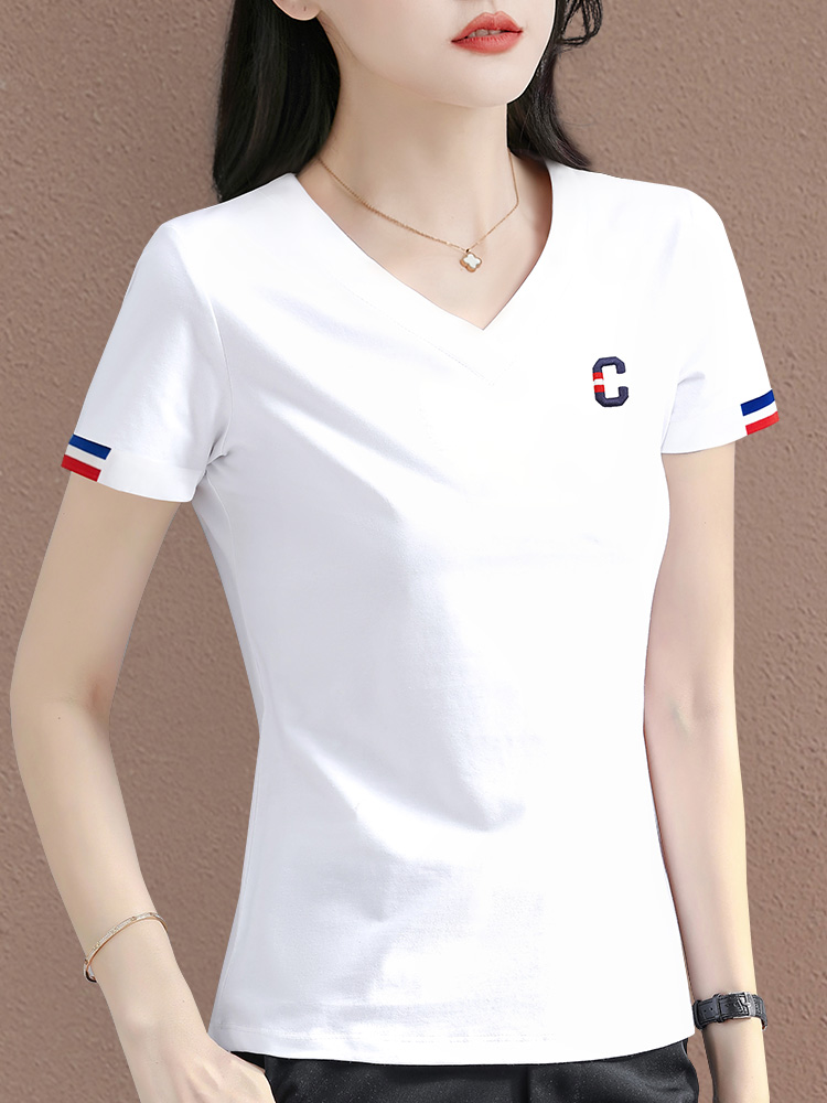 白Tシャツ トリコロール刺繍入り細身Vネック