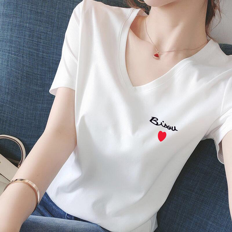 白Tシャツ ハートワンポイントＶネックシャツ