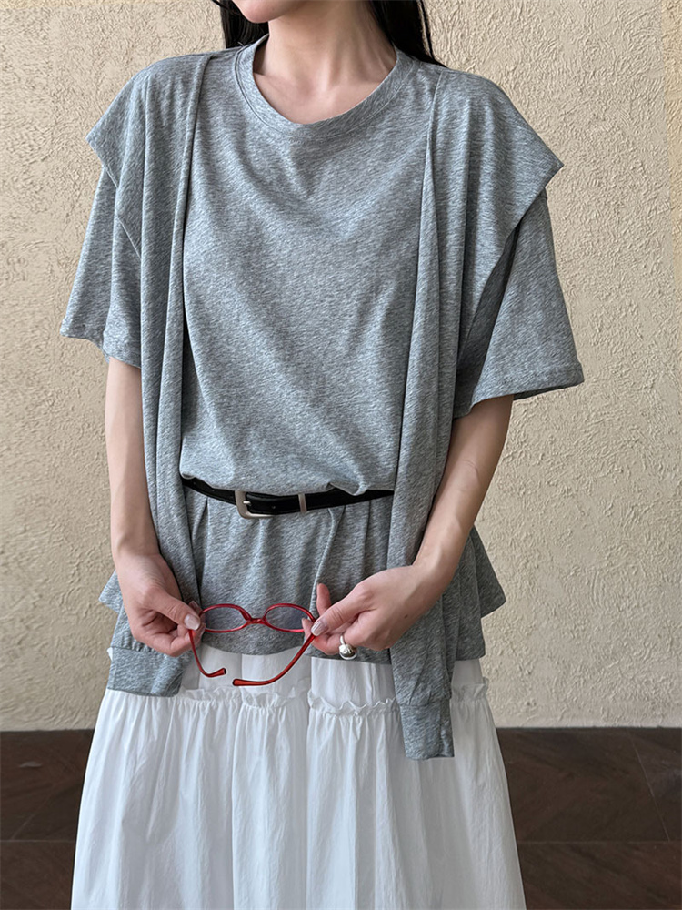 丸首ダブルレイヤーショール風白Tシャツ