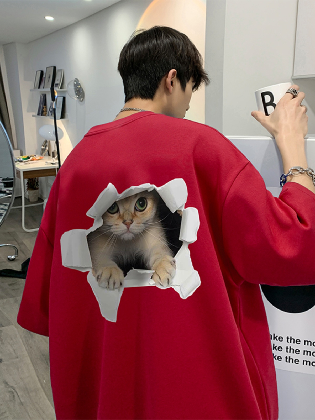 白Tシャツ メンズ 飛び出す猫 立体デザイン半袖