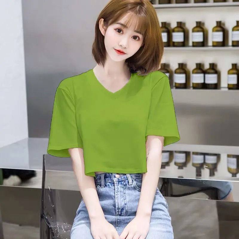 白Tシャツ 深めブイネック短丈半袖トップス