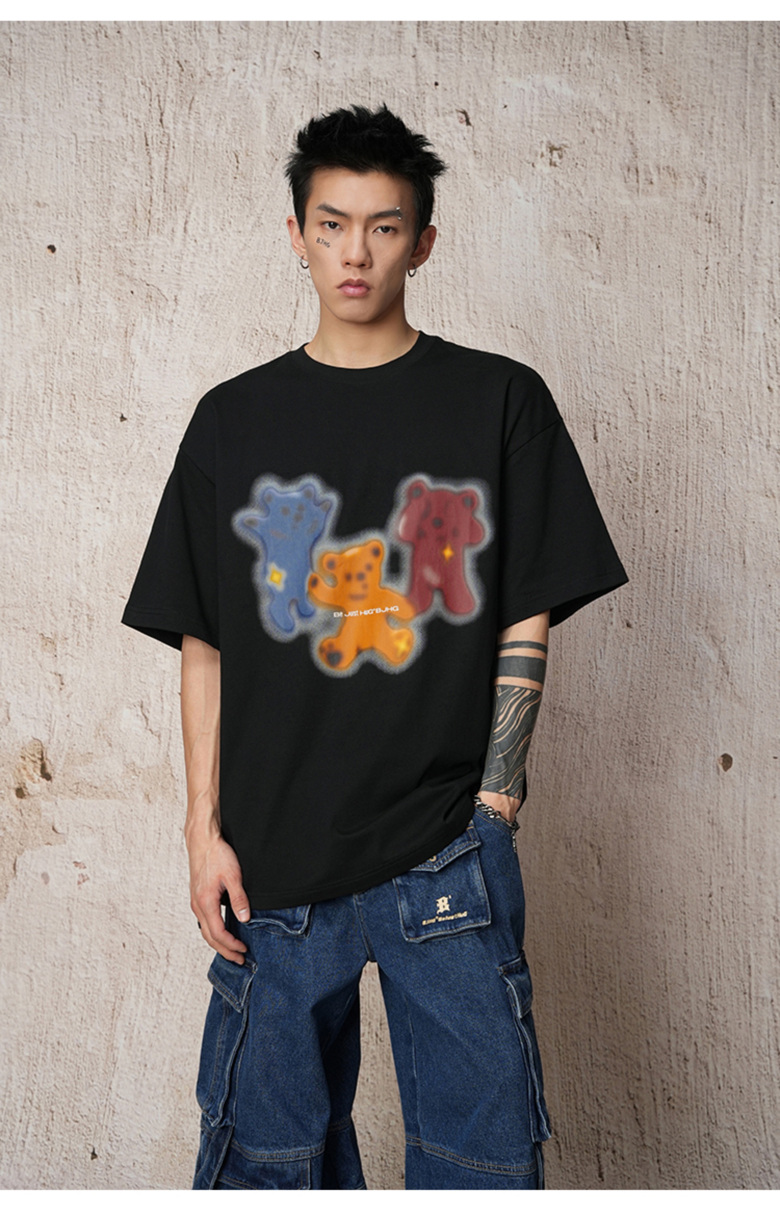白Tシャツ メンズ 三色くまさん柄プリント半袖