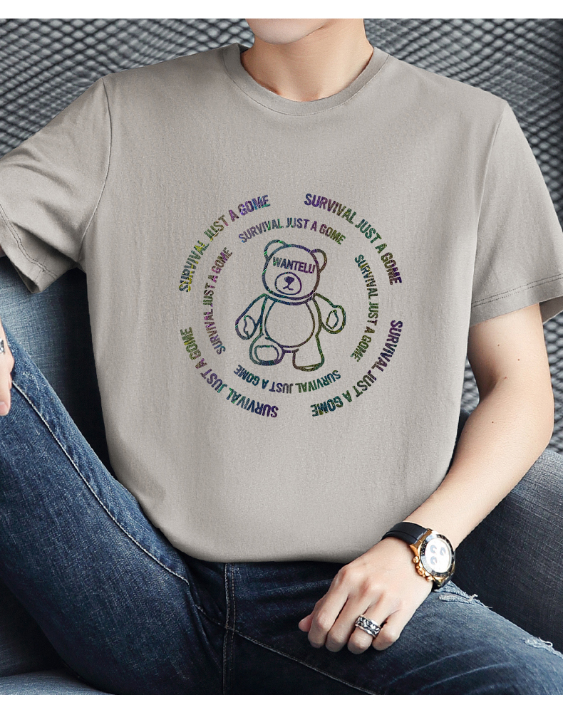 白Tシャツ メンズ くまさん円形刺繍カジュアル半袖