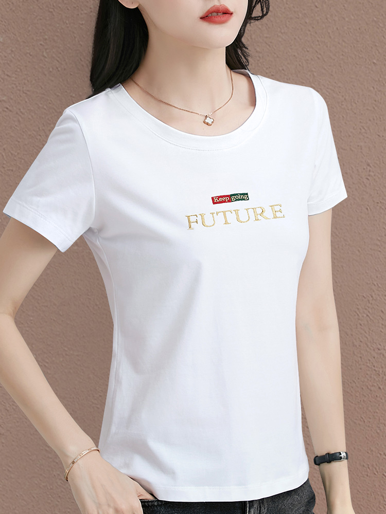 白Tシャツ 未来へ続く刺繍入り丸首半袖