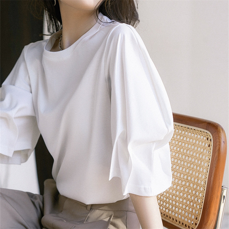 白Tシャツ ゆったりパフスリーブ丸首半袖白シャツ