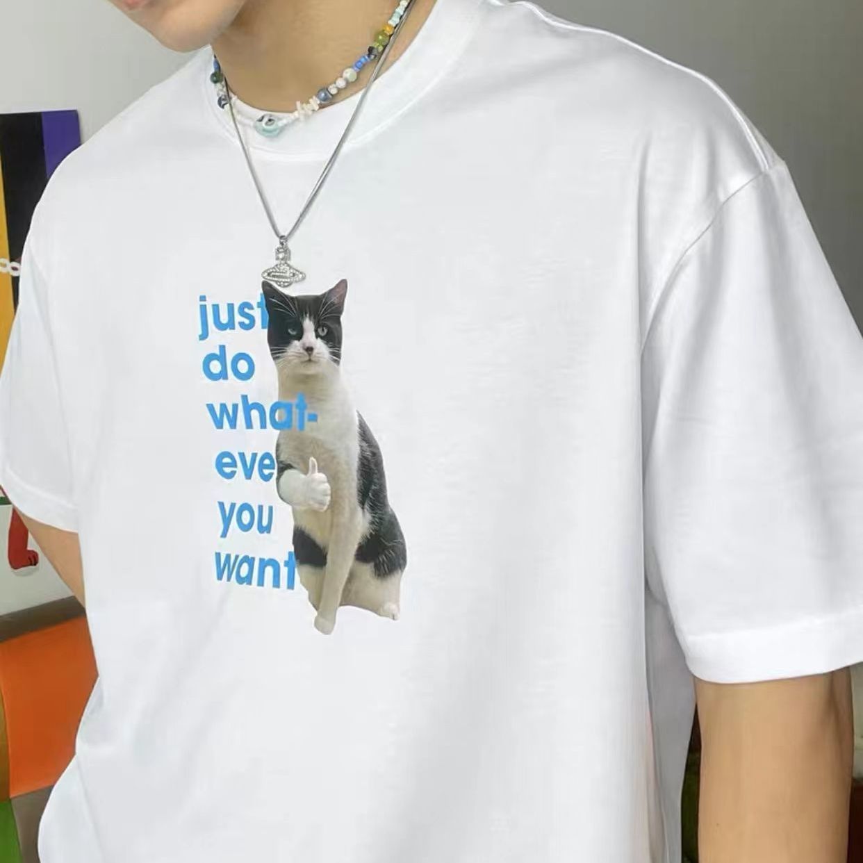 白Tシャツ メンズ 気ままな猫イラスト入り半袖シャツ