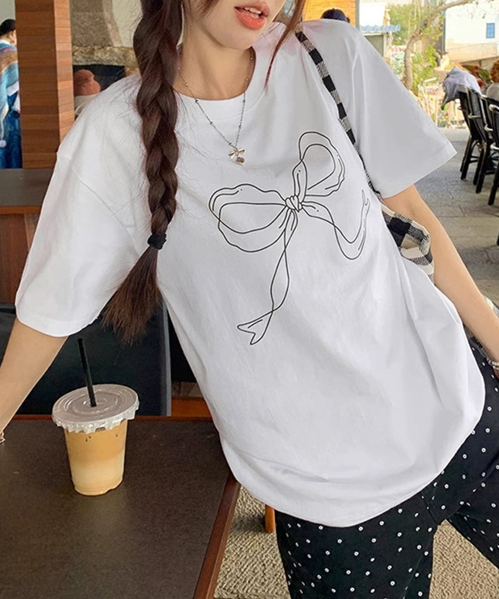白Tシャツ リボンプリント半袖Tシャツ レディース 白T