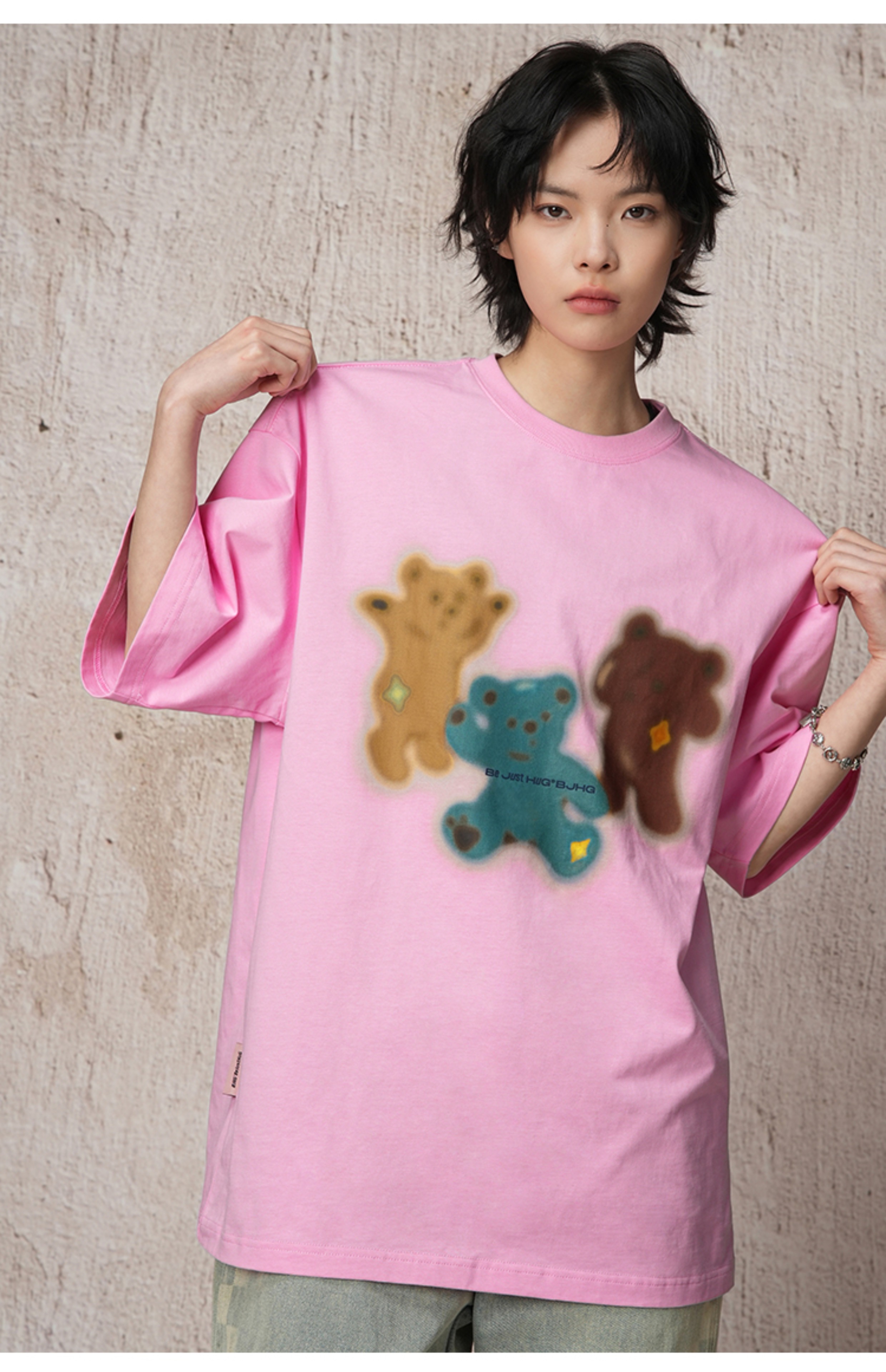白Tシャツ メンズ 三色くまさん柄プリント半袖
