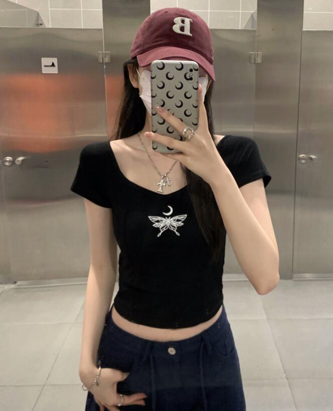 白Tシャツ 蝶々プリント半袖白カットソー レディーススリムトップス