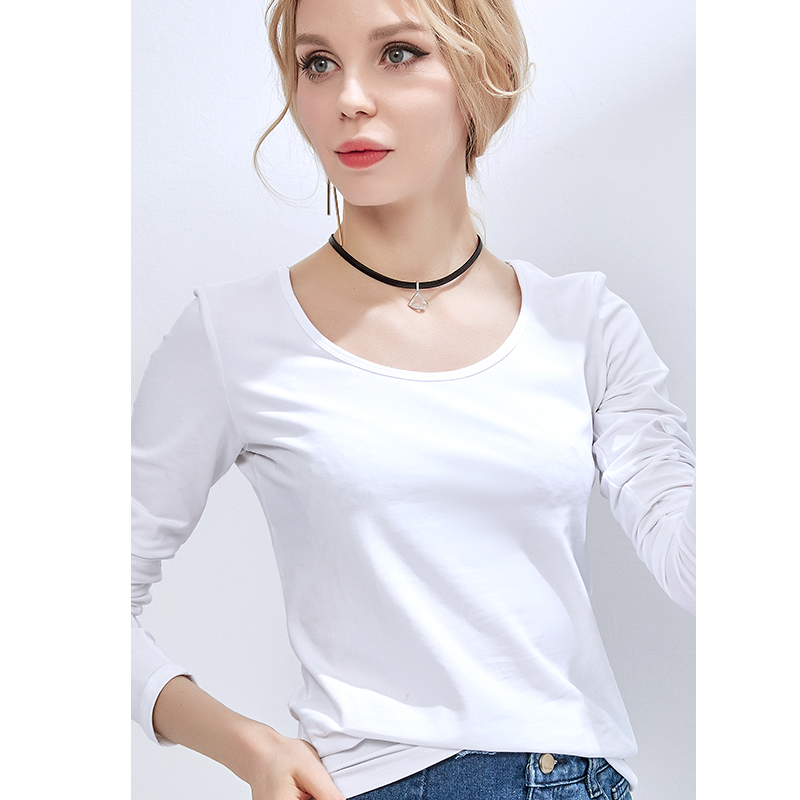 白Tシャツ レディース すっきり着こなし長袖ラウンドネック