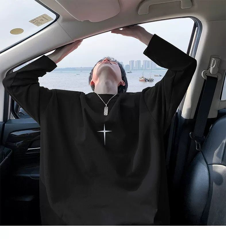 メンズ十字架プリント長袖白Tシャツゆったりシルエット