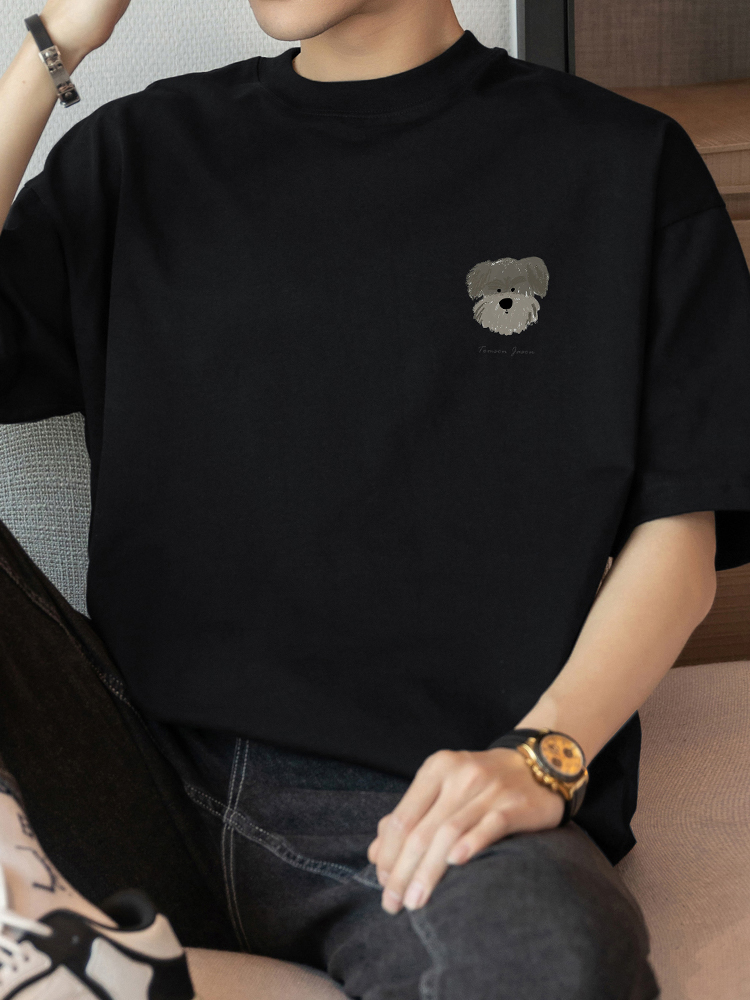 白Tシャツ メンズ 子犬刺繍入りゆったり半袖