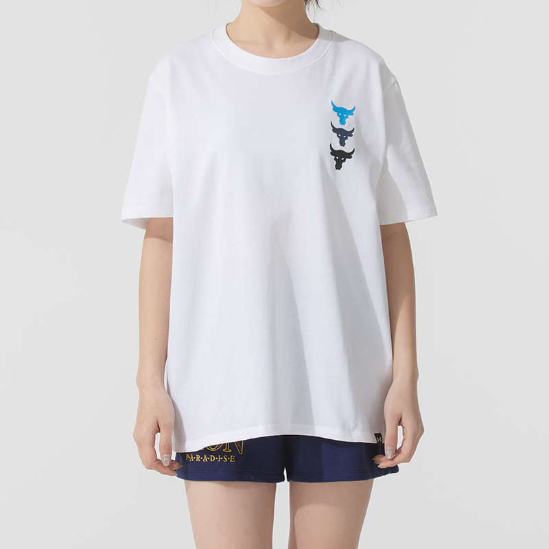 白Tシャツ レディース 三連牛モチーフゆったり半袖シャツ