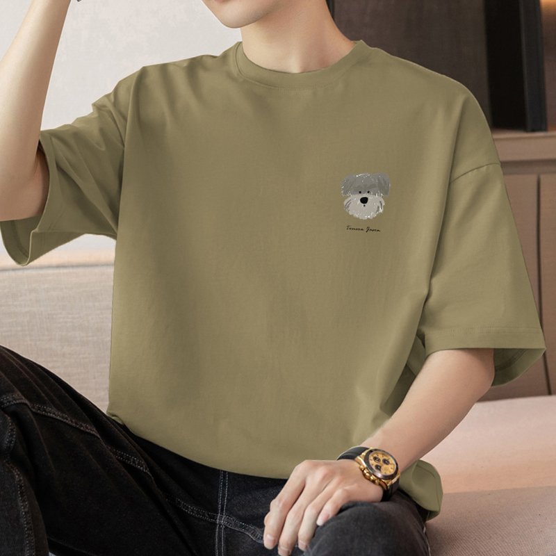 白Tシャツ メンズ 子犬刺繍入りゆったり半袖